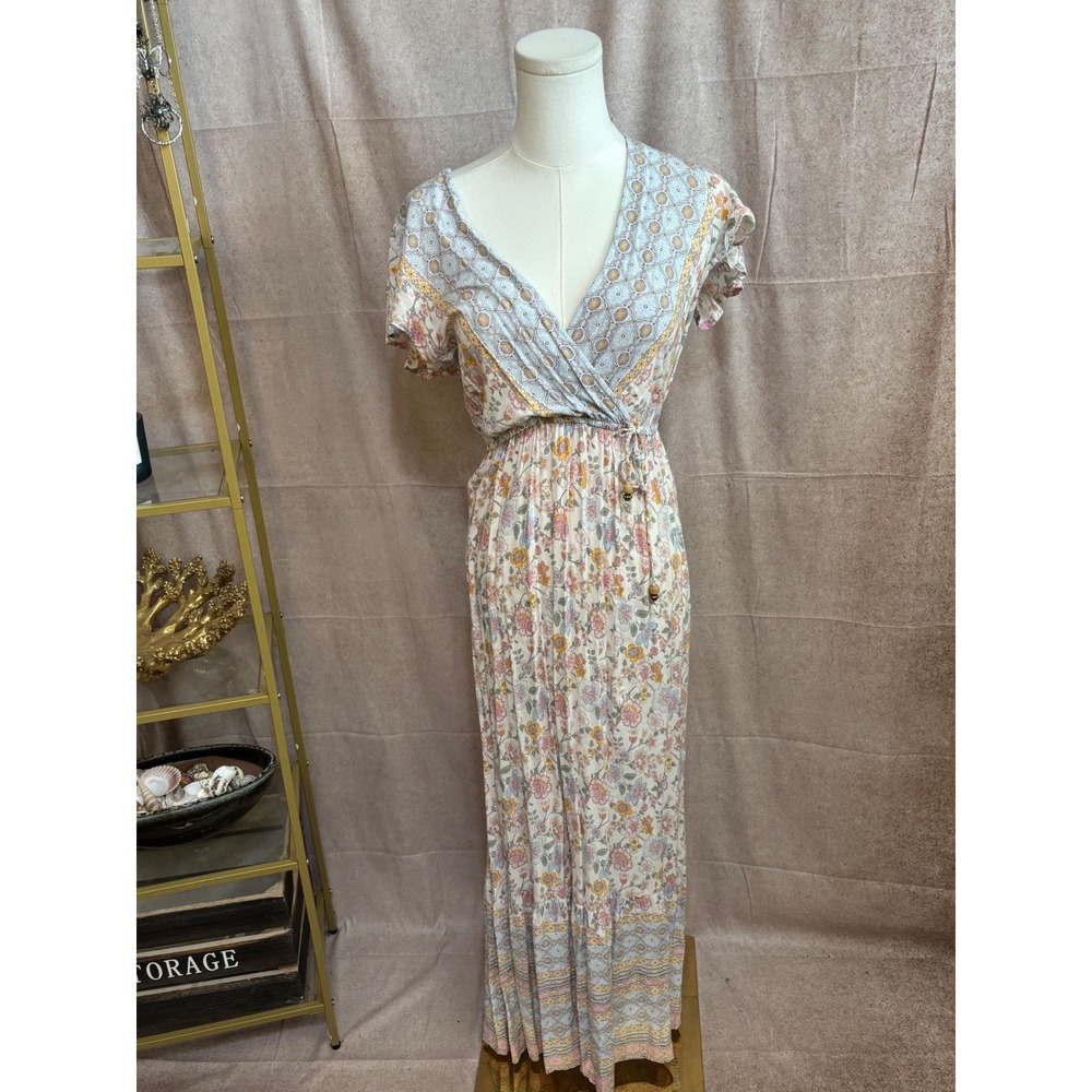 Bebop Womens Floral free people  Maxi Dress V-Neck Boho Short Sleeve‎ Small